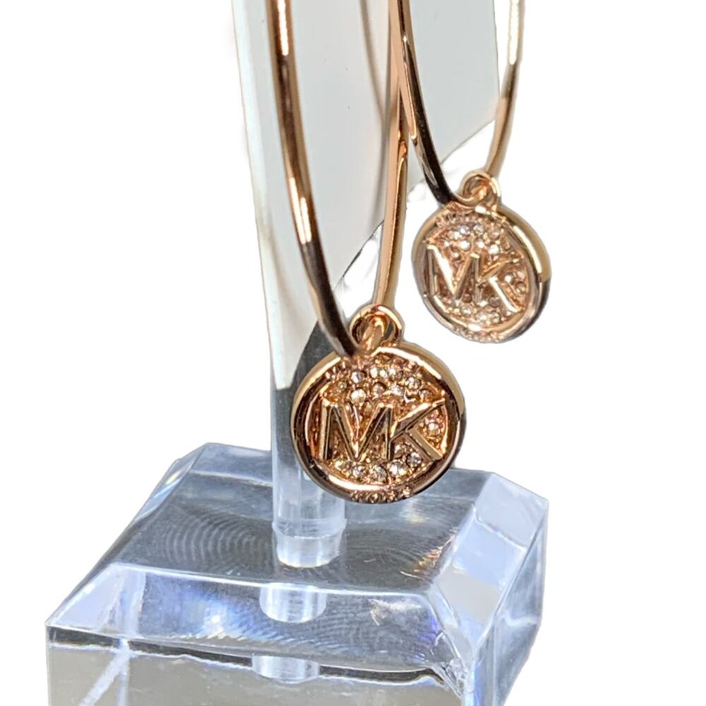 NEW! Michael Kors Charm Dangle Large Hoop Earrings Pave Crystals Rose Gold MK - Picture 10 of 15